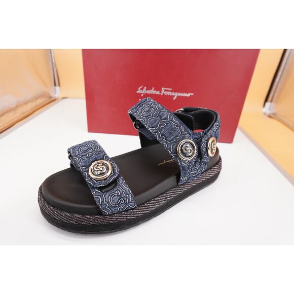 Salvatore Ferragamo Kalie Gal QT Denim Logo Sandal SZ 9.5 C Button $850 NIB